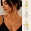 Woman wearing a 14K yellow gold Hamsa necklace, shown with yellow gold, white gold and 20 x 30 mm size panels