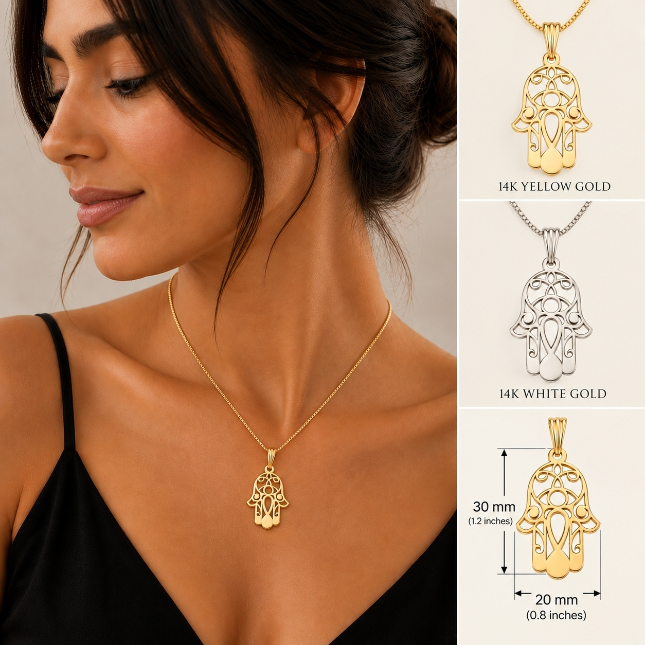 Hamsa Necklace 14K Solid Gold, Evil Eye Filigree Pendant, Yellow or White, 20x30mm Hamsa Necklace 14K Solid Gold, Evil Eye Filigree Pendant, Yellow or White, 20x30mm