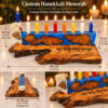 Blue olive wood Hanukkah menorah size chart, 30 cm long and 14 cm high