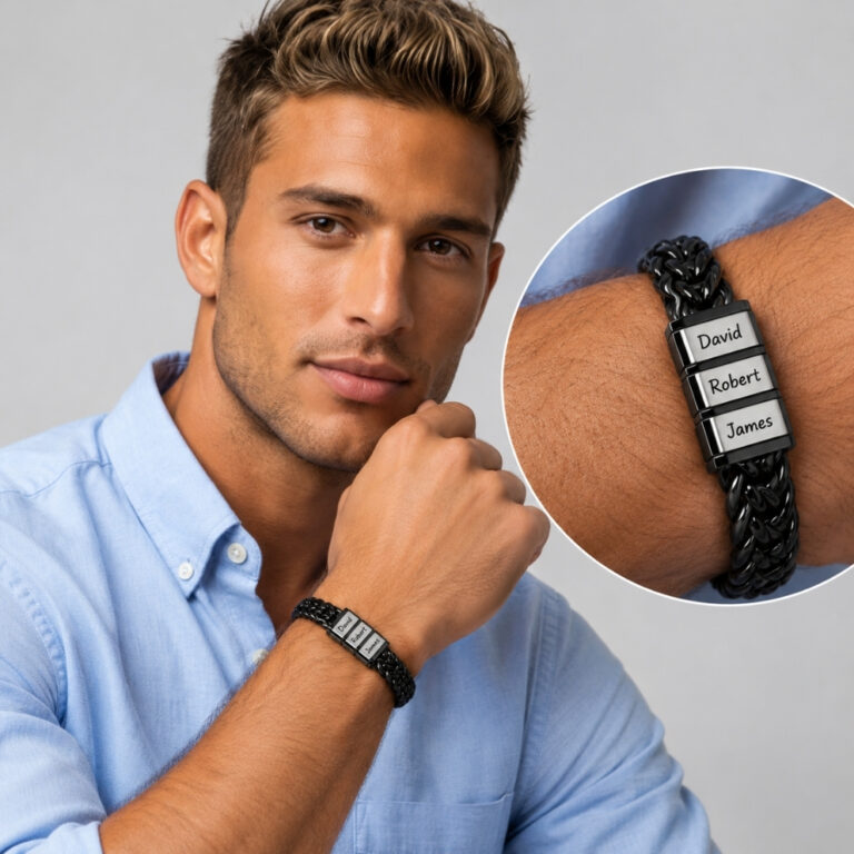 Man in a blue shirt wearing the black Hebrew name bracelet for dad, with a close-up of the engraved name beads