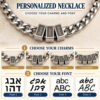 How to order the custom name bead necklace: choose the number of engraved charms and pick a Hebrew or English engraving font