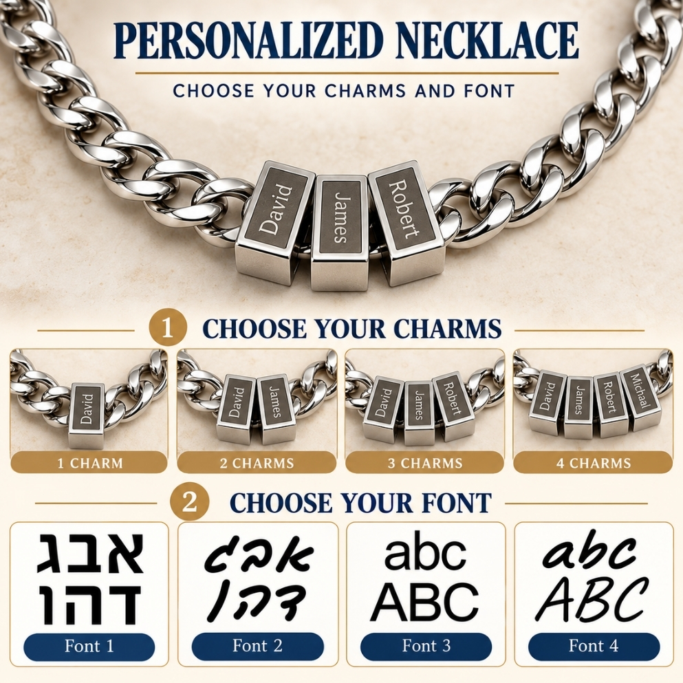 Hebrew Name Necklace for Dad, Engraved Bead Cuban Chain, Stainless Steel, Silver or Gold Hebrew Name Necklace for Dad, Engraved Bead Cuban Chain, Stainless Steel, Silver or Gold