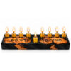 Black epoxy olive wood Hanukkah menorah with lit glass oil cups and the shamash set apart in front, on white background