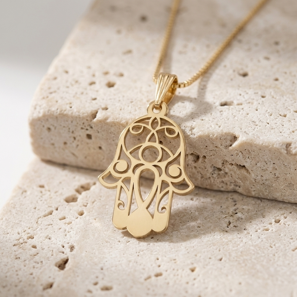 Hamsa Necklace 14K Solid Gold, Evil Eye Filigree Pendant, Yellow or White, 20x30mm Hamsa Necklace 14K Solid Gold, Evil Eye Filigree Pendant, Yellow or White, 20x30mm