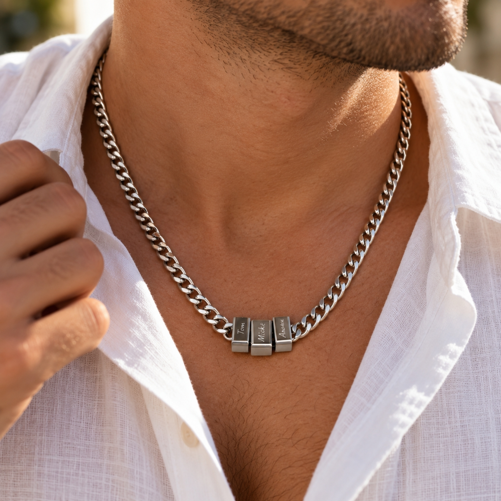 Hebrew Name Necklace for Dad, Engraved Bead Cuban Chain, Stainless Steel, Silver or Gold Hebrew Name Necklace for Dad, Engraved Bead Cuban Chain, Stainless Steel, Silver or Gold