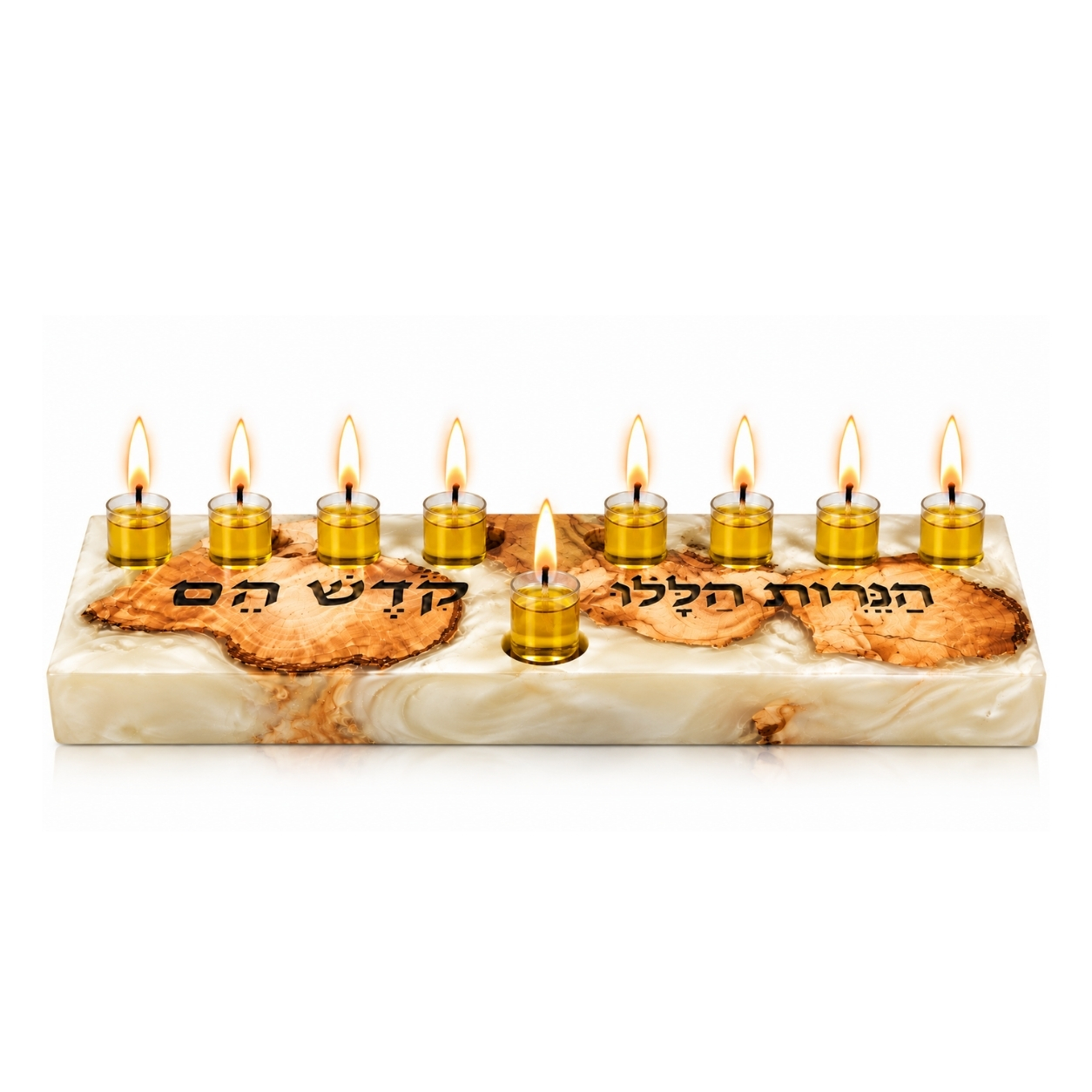 Olive Wood Hanukkah Menorah with Epoxy Resin, Modern Handmade Chanukiah Olive Wood Hanukkah Menorah with Epoxy Resin, Modern Handmade Chanukiah
