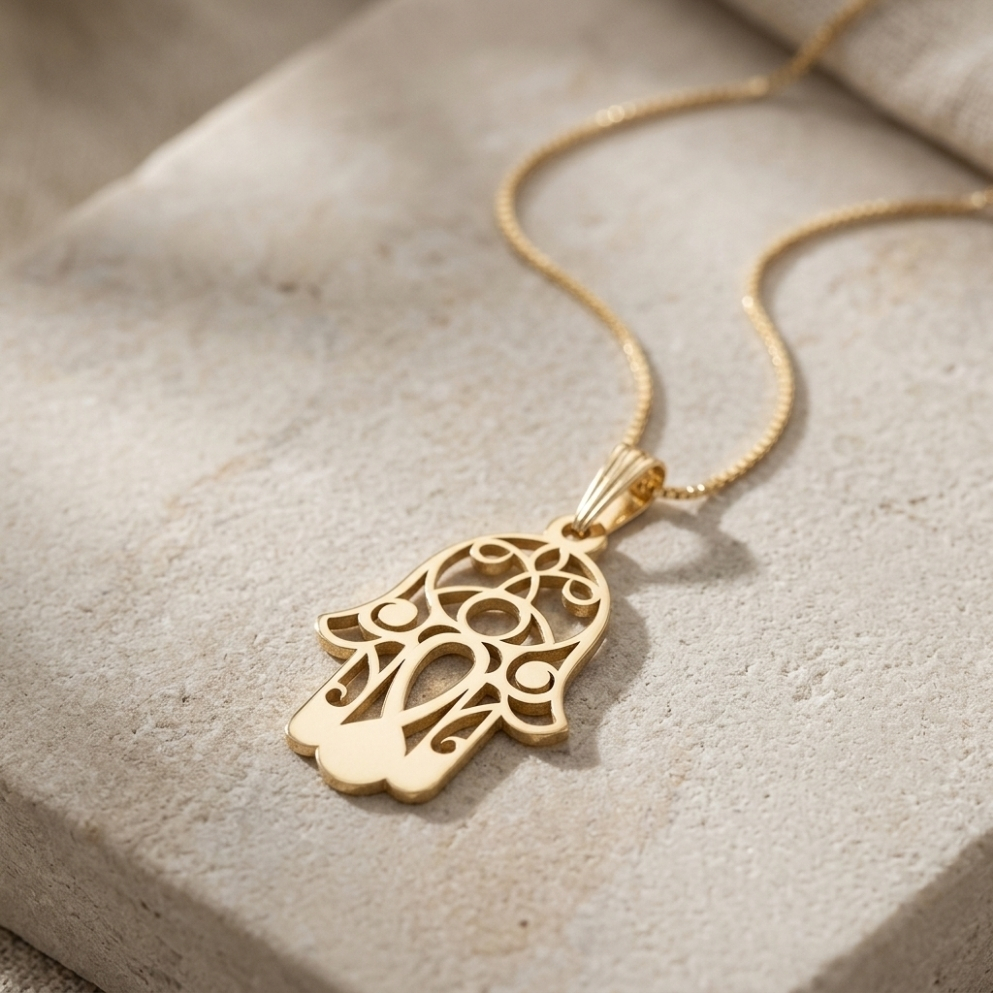 Hamsa Necklace 14K Solid Gold, Evil Eye Filigree Pendant, Yellow or White, 20x30mm Hamsa Necklace 14K Solid Gold, Evil Eye Filigree Pendant, Yellow or White, 20x30mm