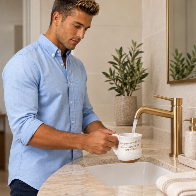 Man filling the Netilat Yadayim washing cup at the sink for ritual hand washing, showing the white natla in daily use