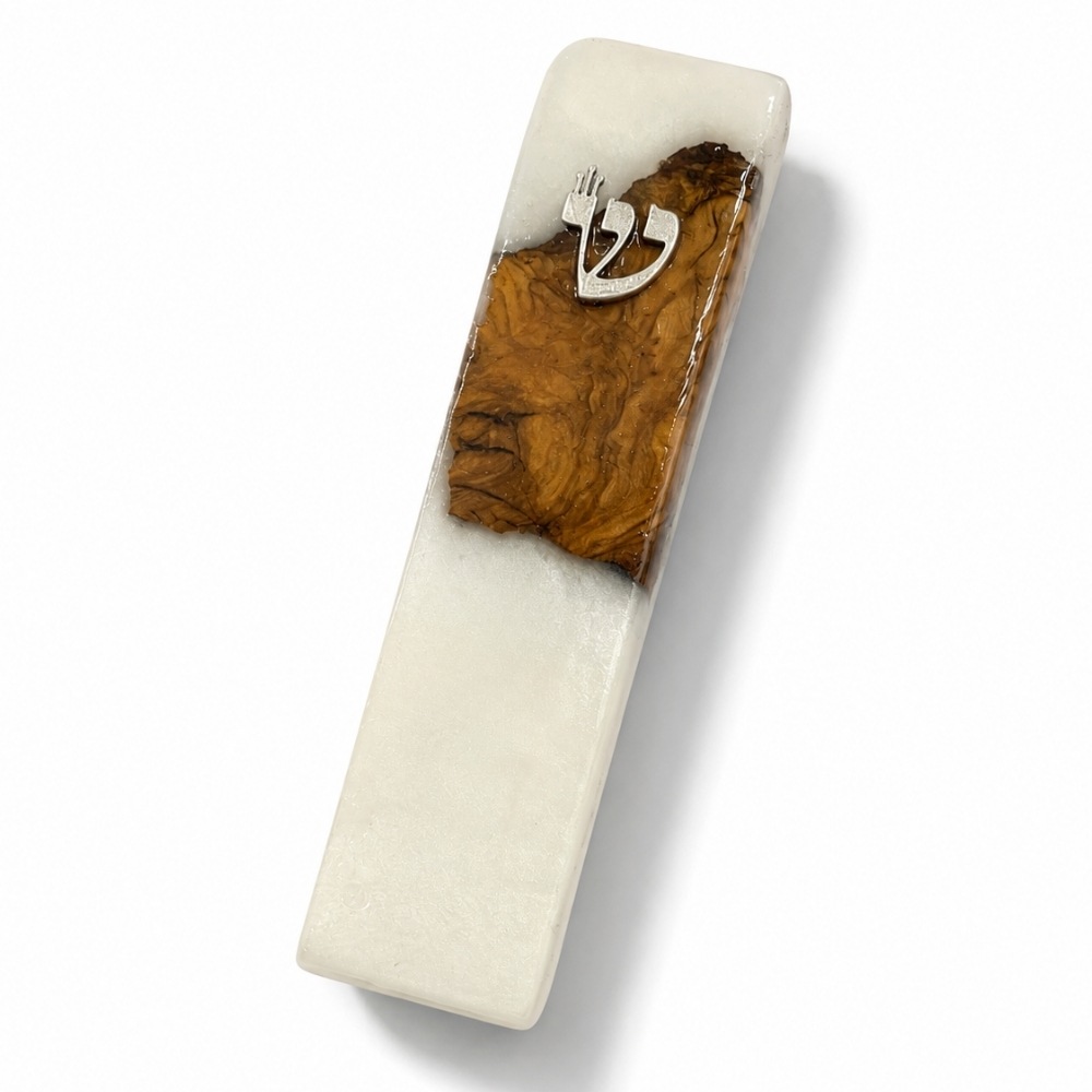 Handmade Olive Wood Mezuzah Case, White Epoxy Resin, Jewish Home Decor Handmade Olive Wood Mezuzah Case, White Epoxy Resin, Jewish Home Decor