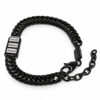 Black stainless steel name bracelet with three engraved beads and open lobster clasp on a white background