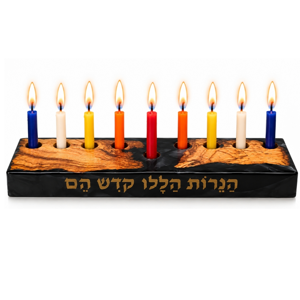 Olive Wood Hanukkah Menorah with Epoxy Resin, Modern Handmade Chanukiah Olive Wood Hanukkah Menorah with Epoxy Resin, Modern Handmade Chanukiah